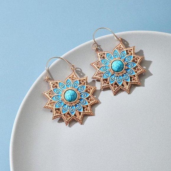 Fashion Jewelry Jewelry - Silver Retro Sunflower Turquoise Dangle Earrings
